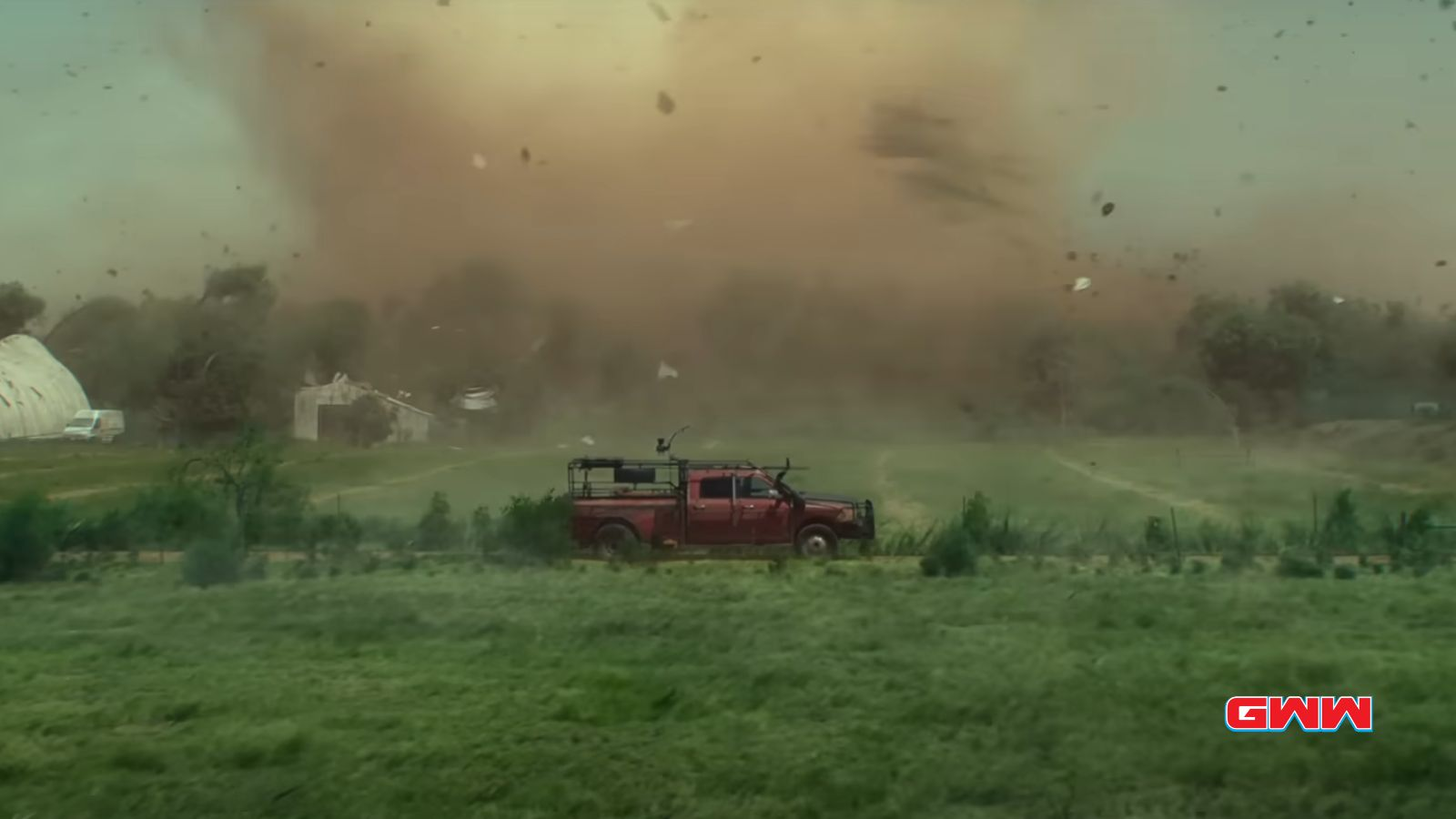 A red truck about to get caught in a twister, Cast of Twisters 2024