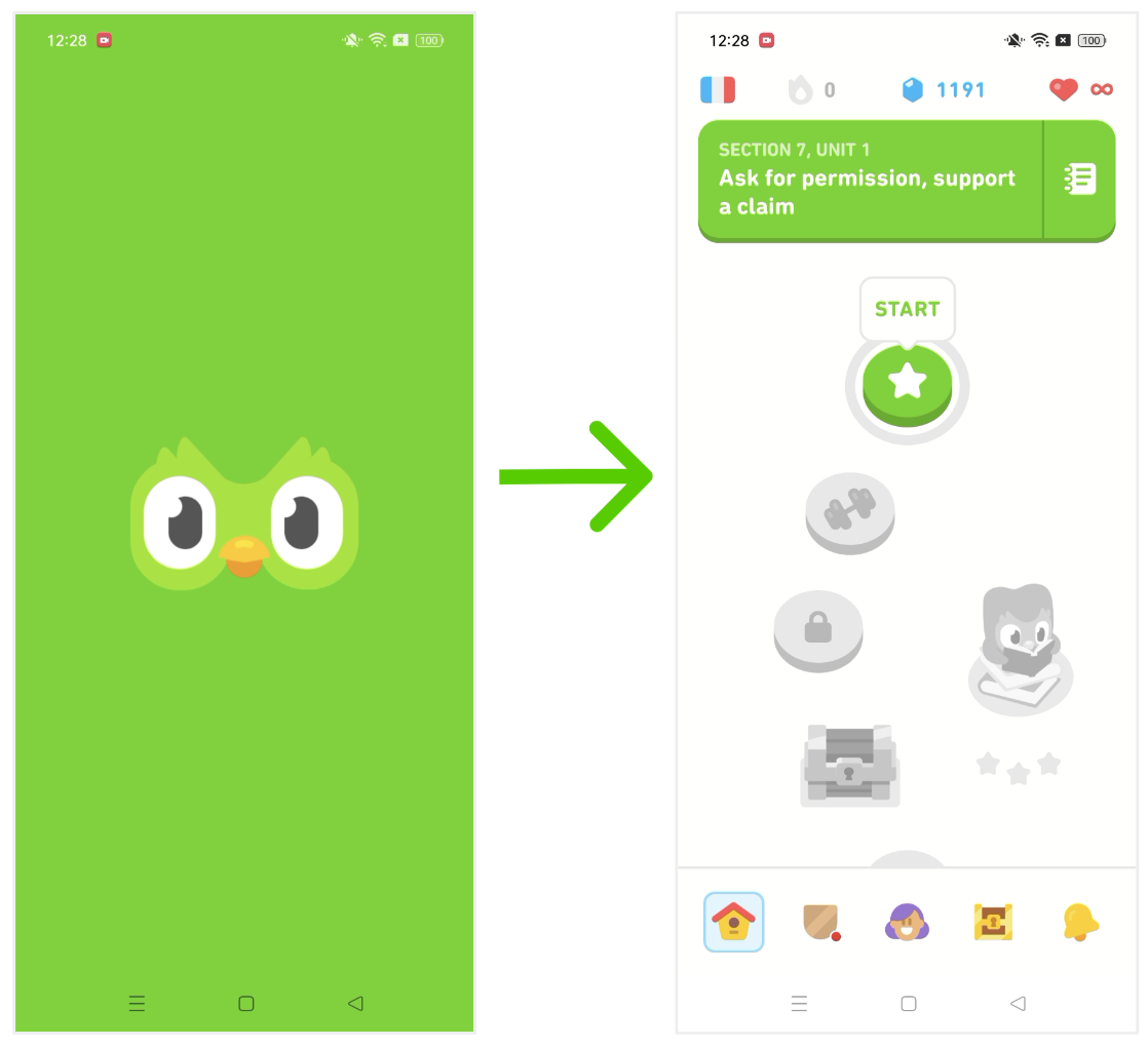 Two phone screens showing Duolingo startup flow.