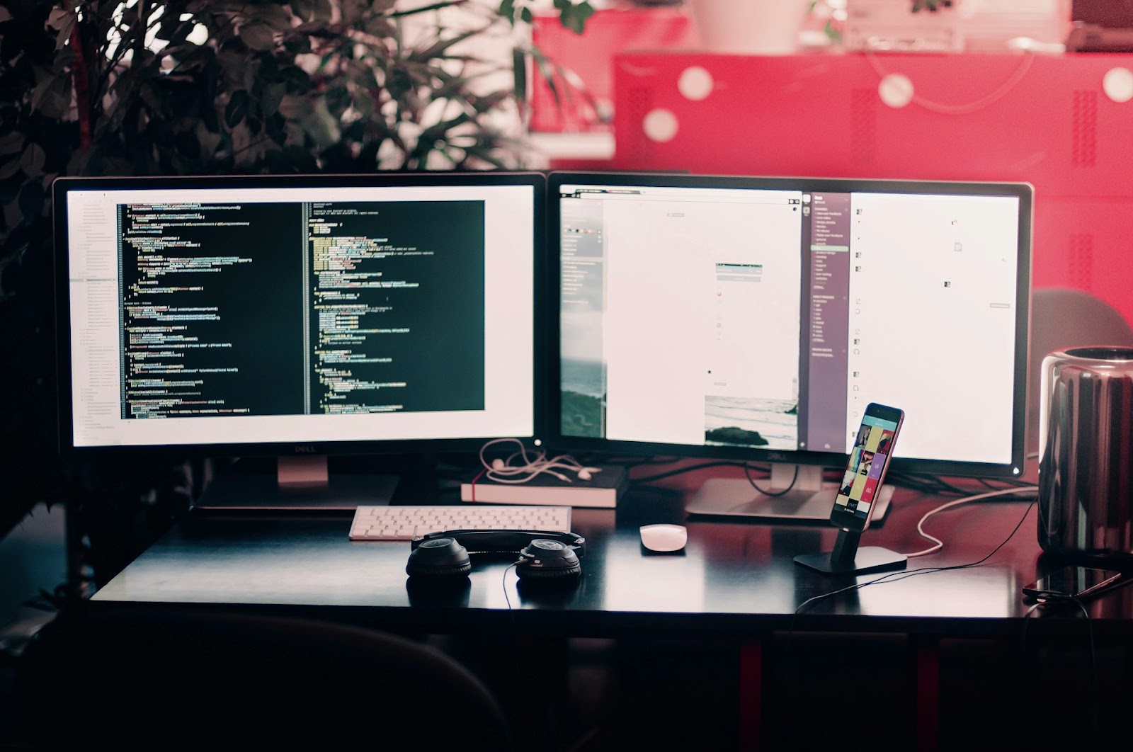 Two computer monitors, keyboard, and mouse on a desk.