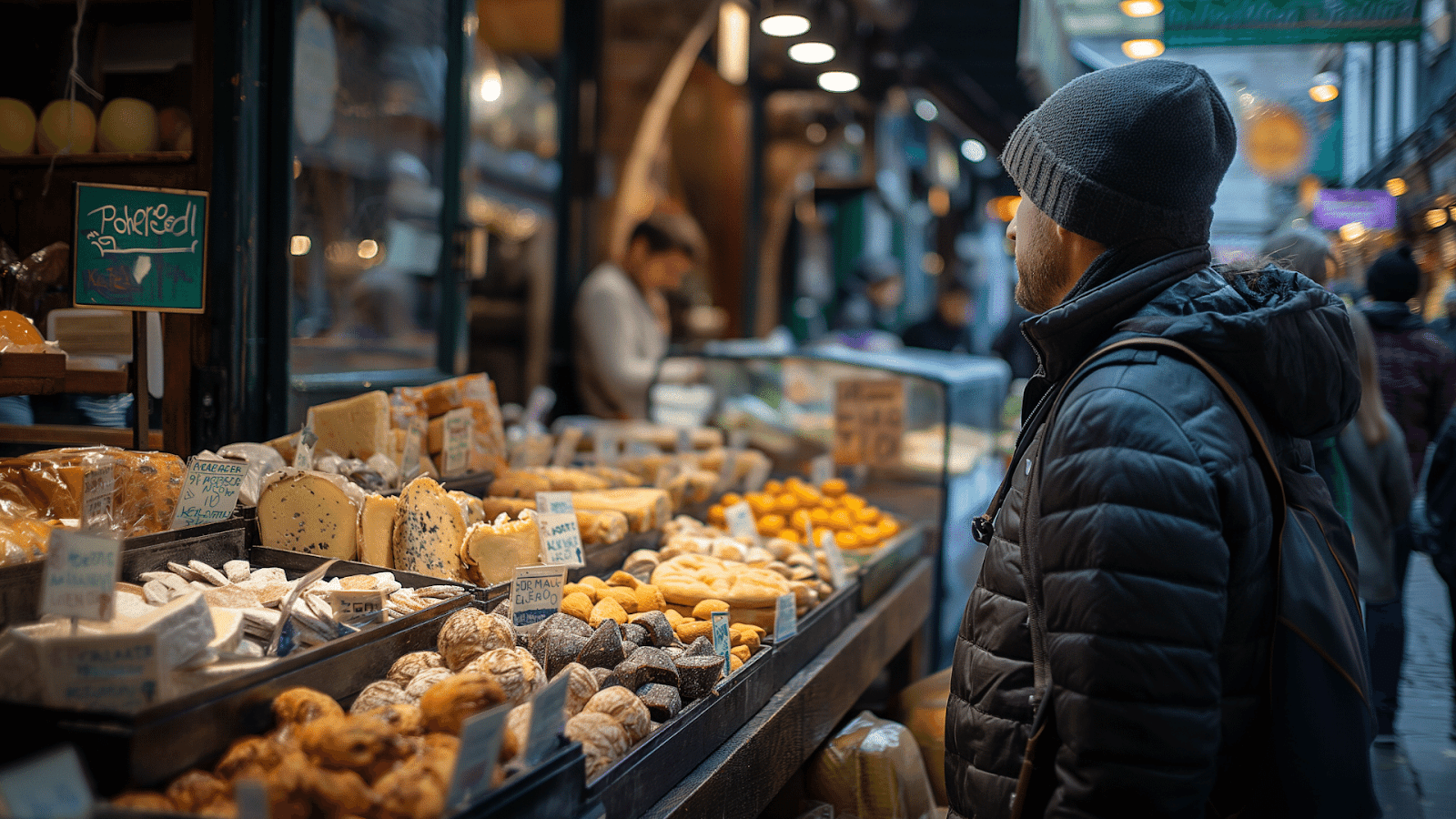 Man browsing a vibrant food market in London, a must-visit for local flavors. 