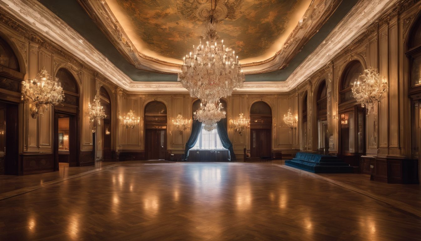 A grand ballroom with diverse individuals in elegant attire.