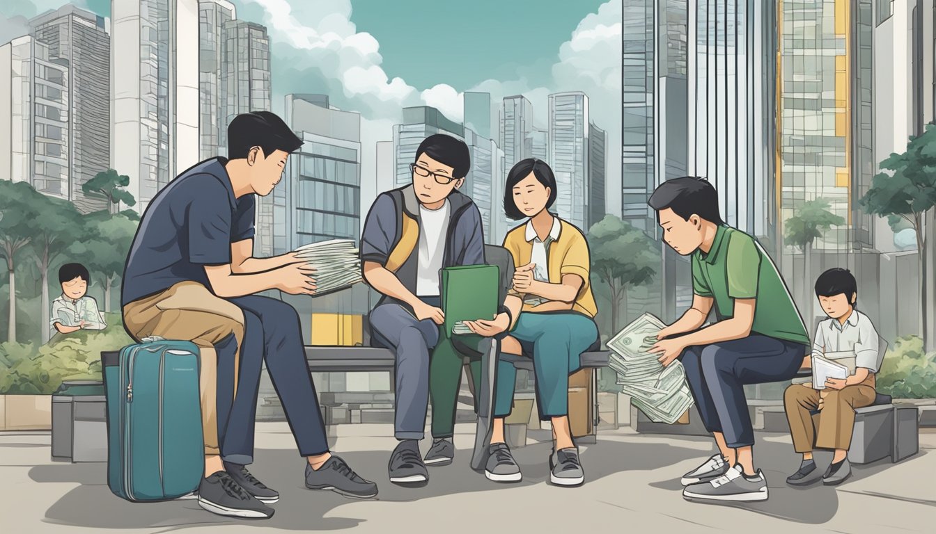 A group of individuals in Singapore are seen engaging in unethical practices, exploiting vulnerable individuals through unauthorised money lending. The scene depicts the need for protective measures and support systems to prevent such exploitation