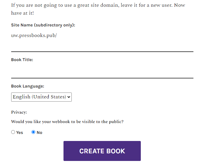 Screenshot of choosing site name on Pressbooks