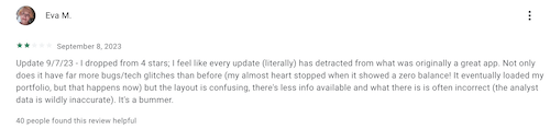 A negative Public.com review from a user who ran into some technical difficulties while using the app. 