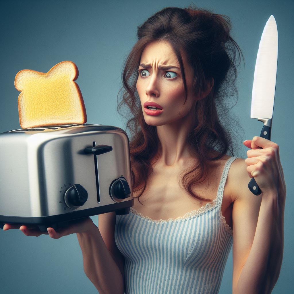 This image shows a girl seeing her toaster
