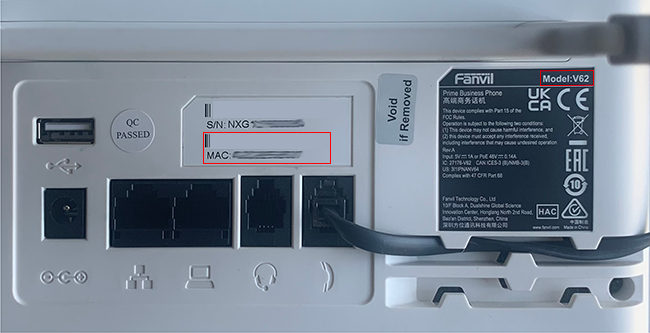 Angabe zu Modell und MAC-Adresse auf der Unterseite eines Fanvil H-Telefons