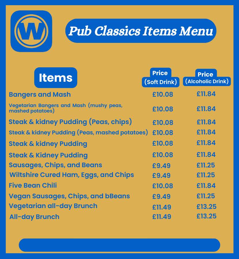 Wetherspoon Pub Classics Menu with prices