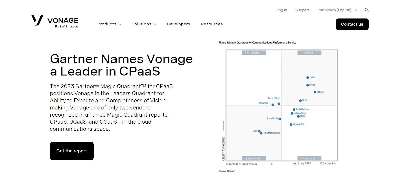 A screenshot of Vonage's website