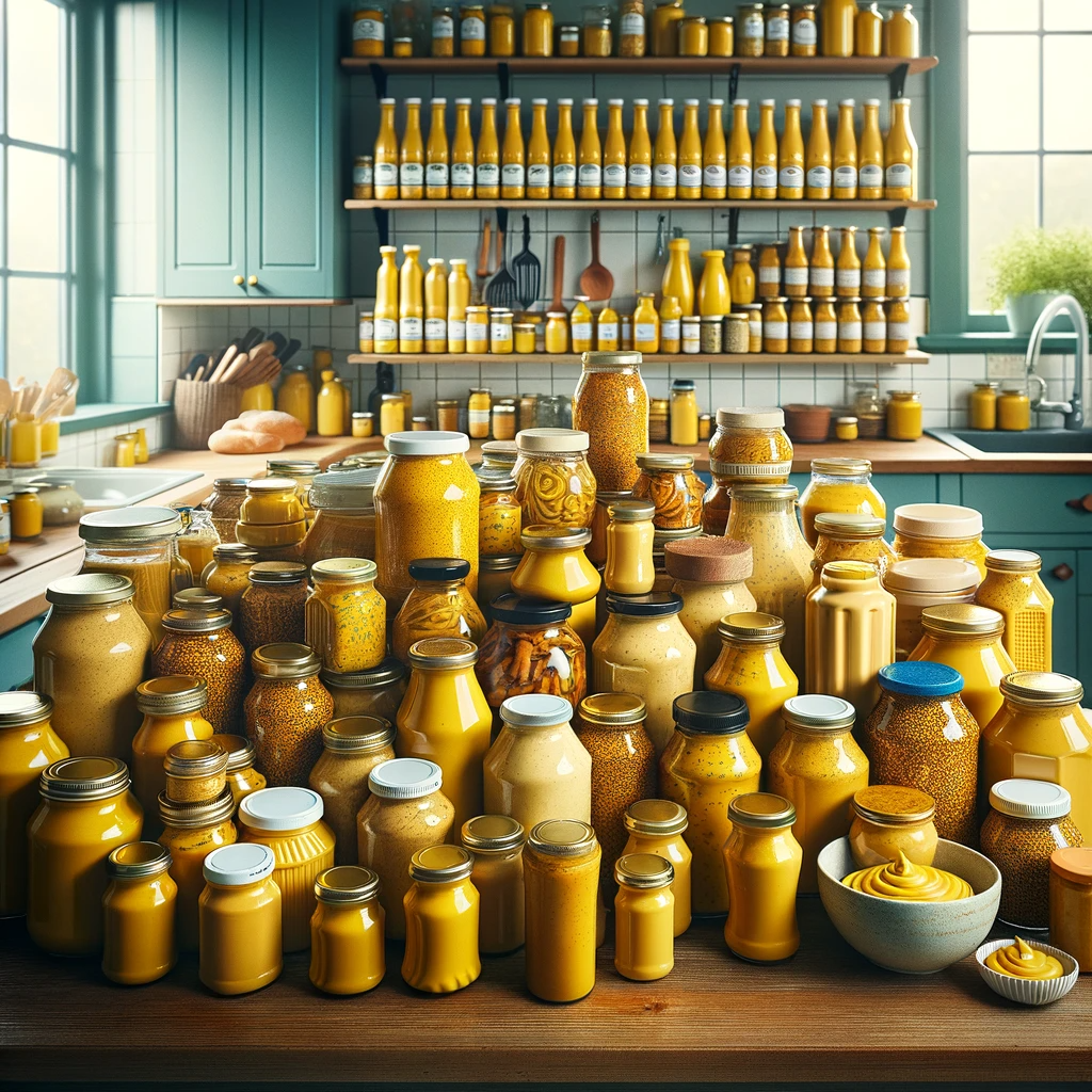a kitchen fully stocked of many different kinds of mustard