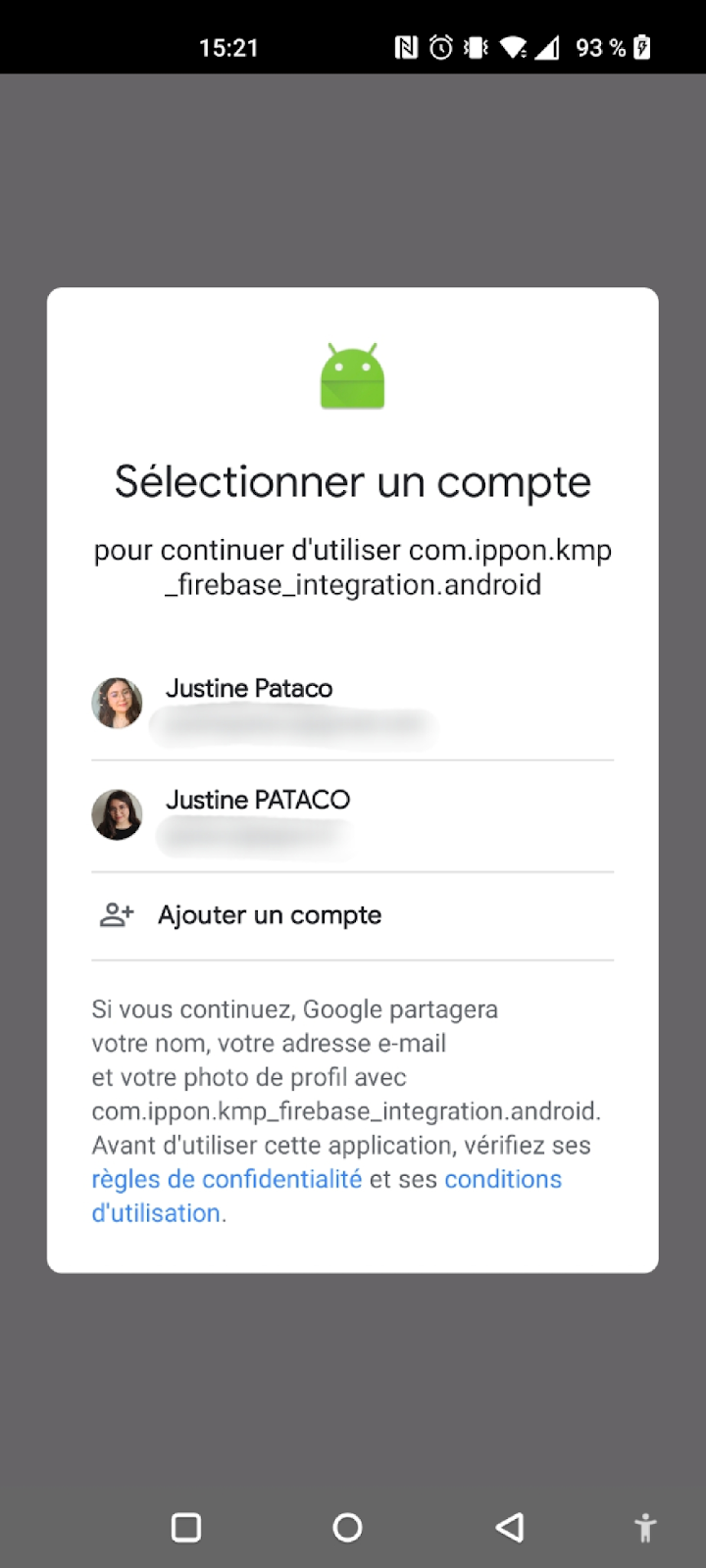 Pop-up Google permettant de choisir une adresse mail pour l'authentification