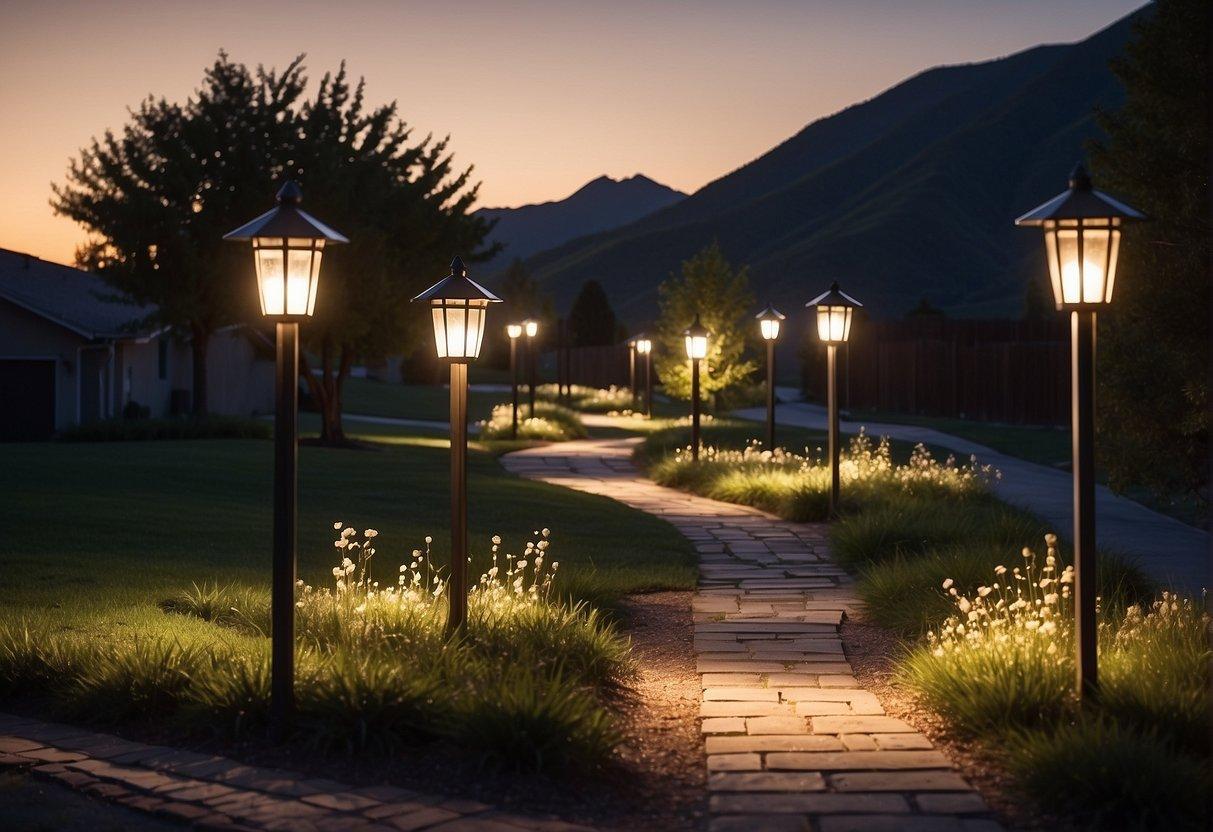 A well-lit pathway leads to a secure home, with soft glow from strategically placed landscape lights