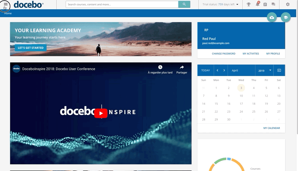 Docebo's backend to create, collaborate and distribute courses 