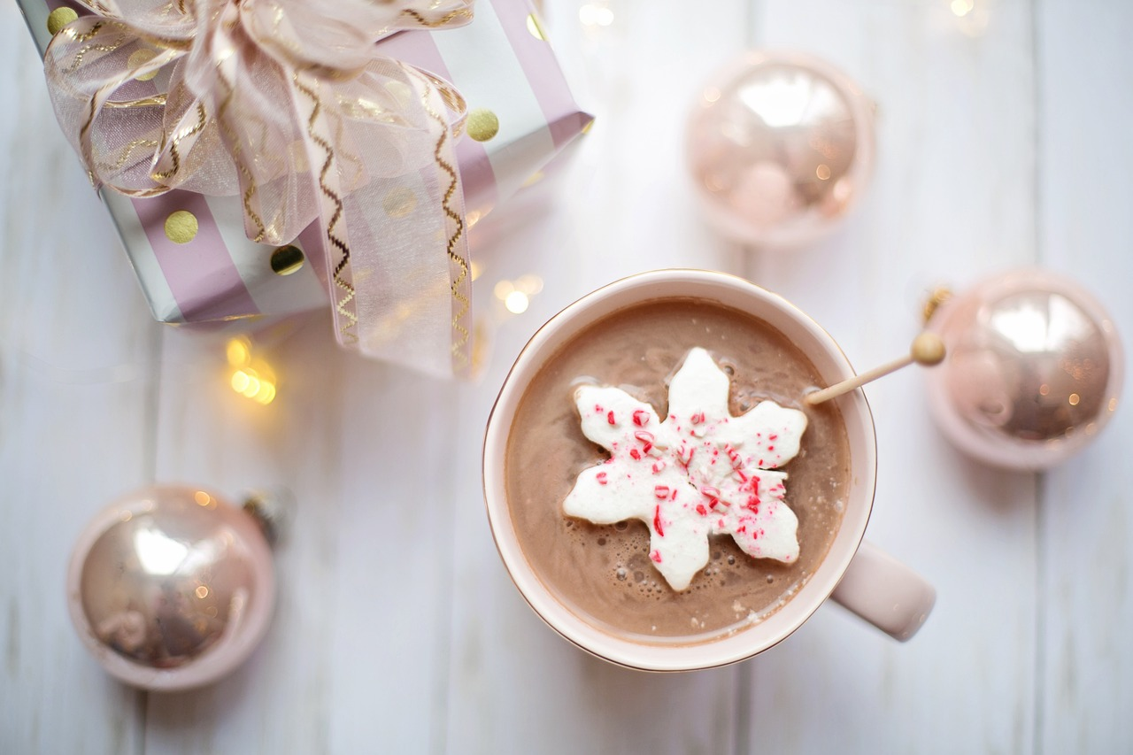 A cup of cozy hot chocolate with a peppermint marshmallow surrounded by holiday tea party ornaments
