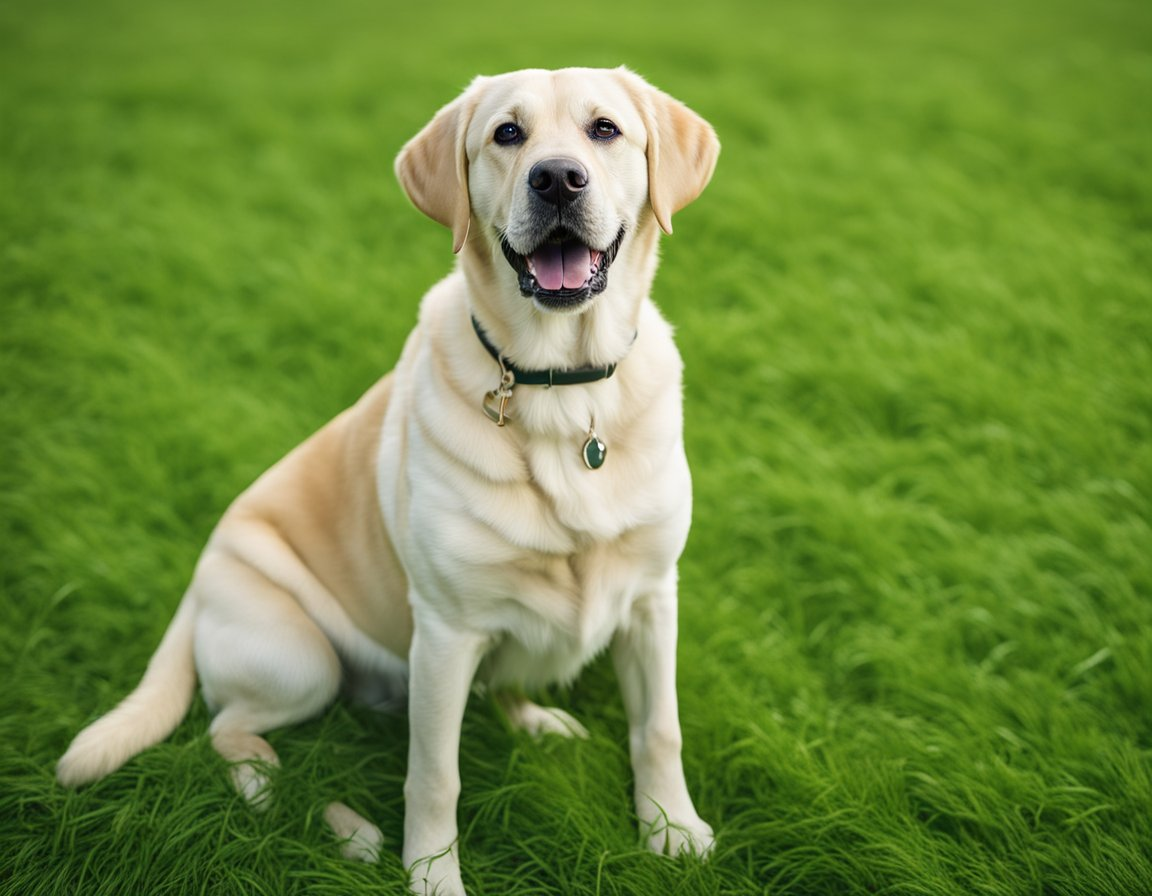 a labrador retriever sitting happily at a field of grass