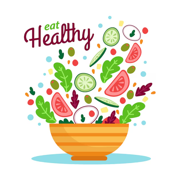 Graphic showing vegetables being tossed in a salad bowl with the words 'eat healthy' written above