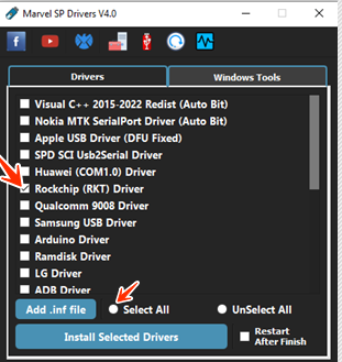 Apple USB Driver (DFU Fixed)
SPD SCI USB2Serial Driver
Huawei (COM1.0) Driver
Rockchip (RKT) Driver
Qualcomm 9008 Driver
Samsung USB Driver
Arduino Driver
Ramdisk Driver
LG Driver
ADB Driver
