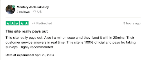 A 5-star Trustpilot Earn Haus review from a user who says the site pays and that customer service also fixed a minor issue they ran into quickly. 