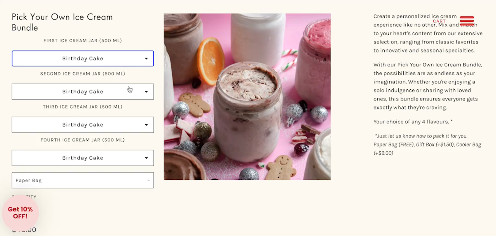 Screenshot of Four All Ice Cream's Pick Your Own Ice Cream Bundle on its website.