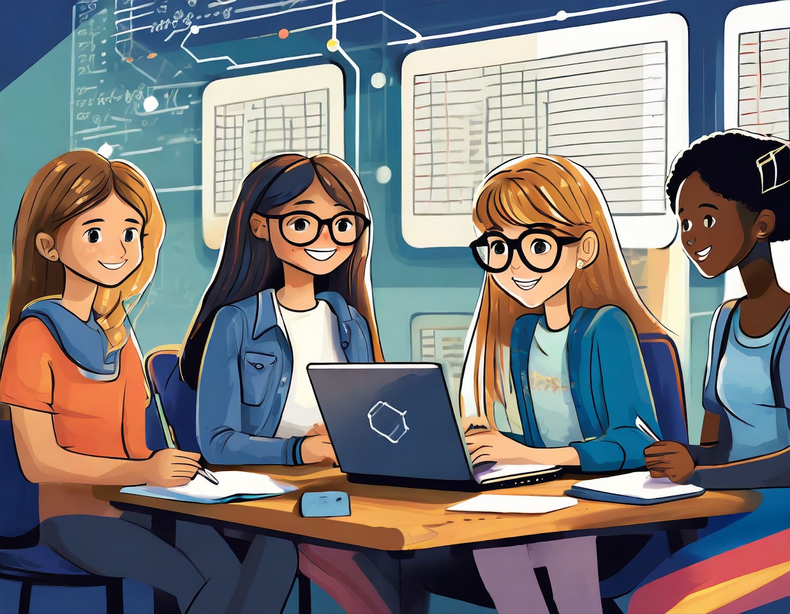 Image created using Adobe Firefly, a generative AI tool, with the prompt "illustration of a group of teenage girls learning coding"