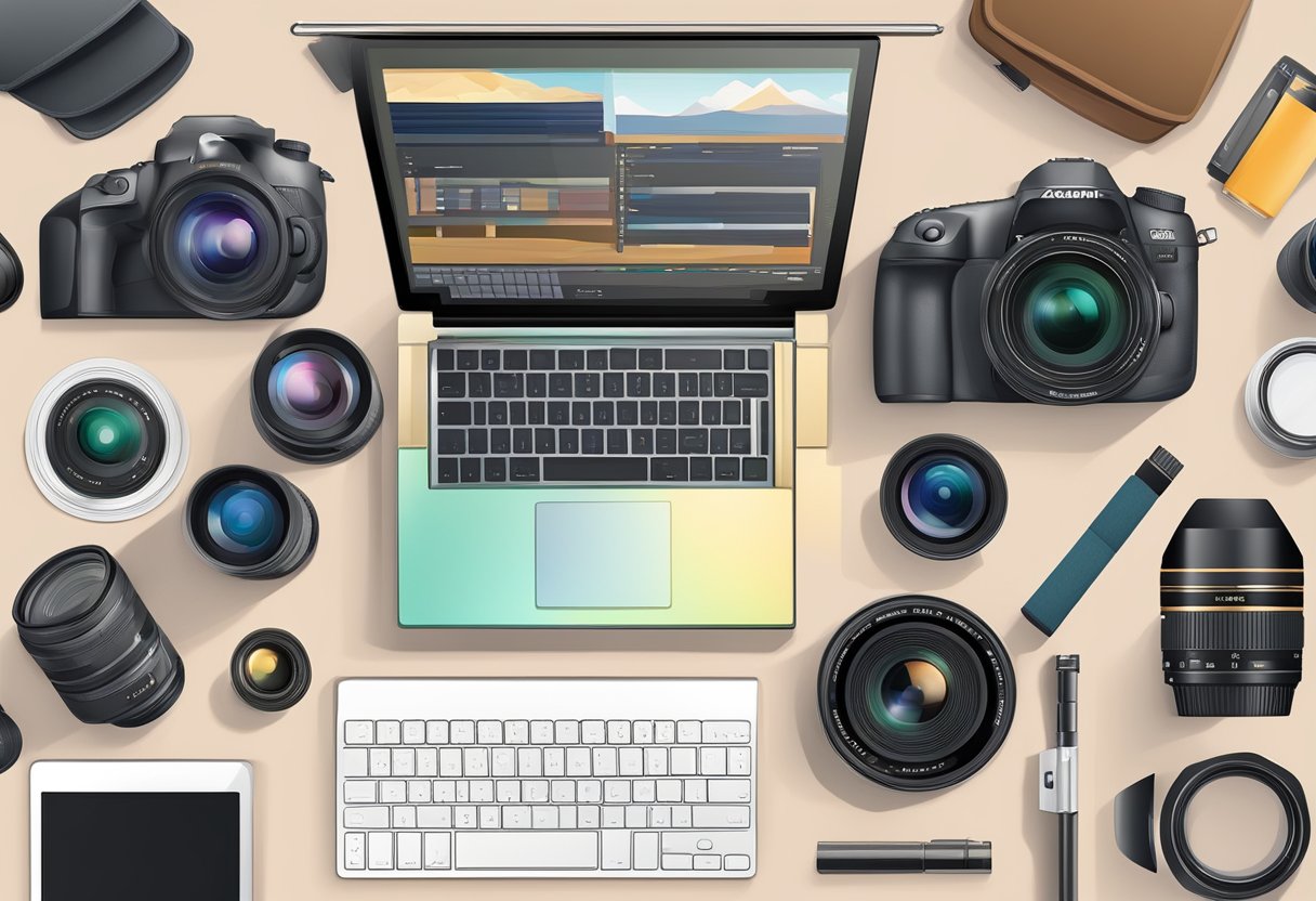 A wedding photographer's equipment and tools laid out on a table, including a professional camera, lenses, a tripod, and a laptop for editing