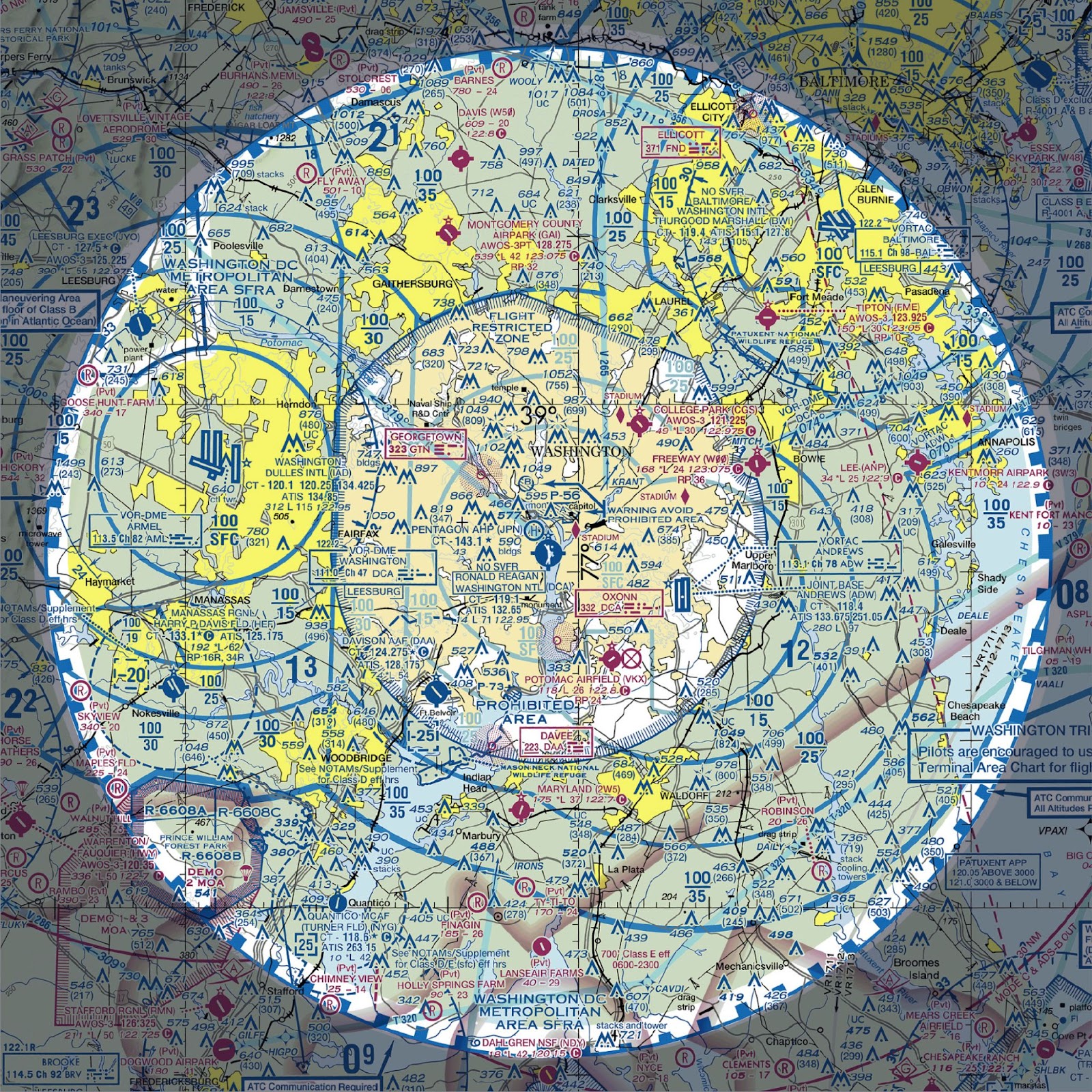A diagram depicting a Special Flight Rules Area (SFRA) on a sectional chart.