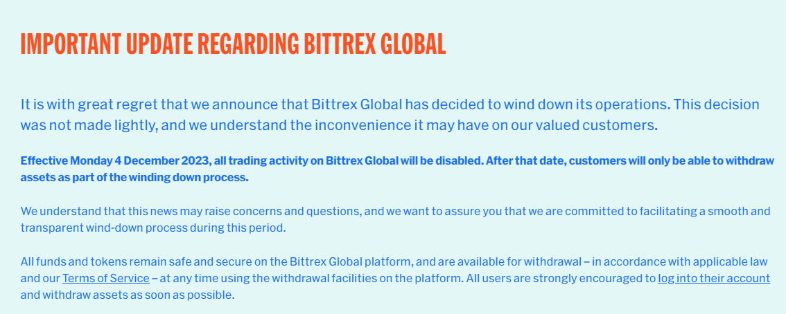 交易所Bittrex Global自12月4日起停止運營，將關閉所有交易活動