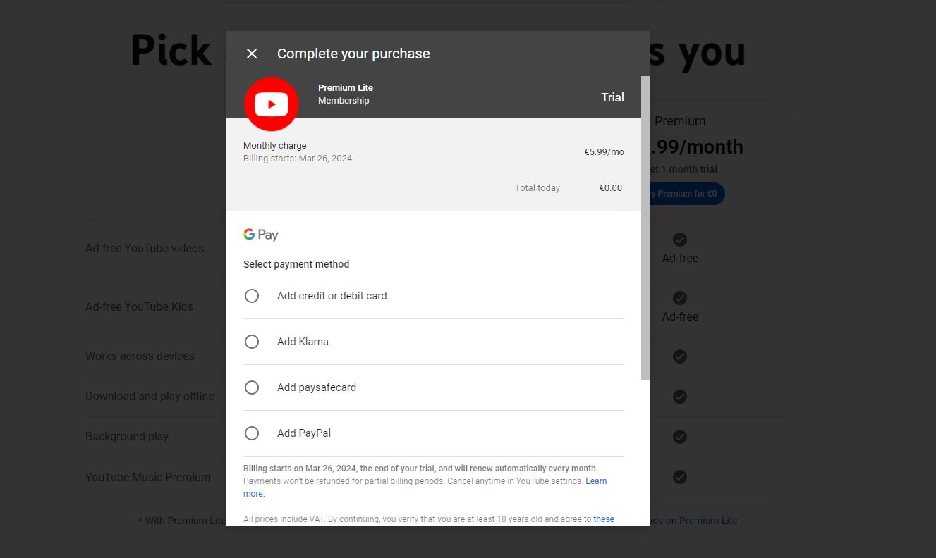 Trying YouTube Premium Free Trial (step 3)