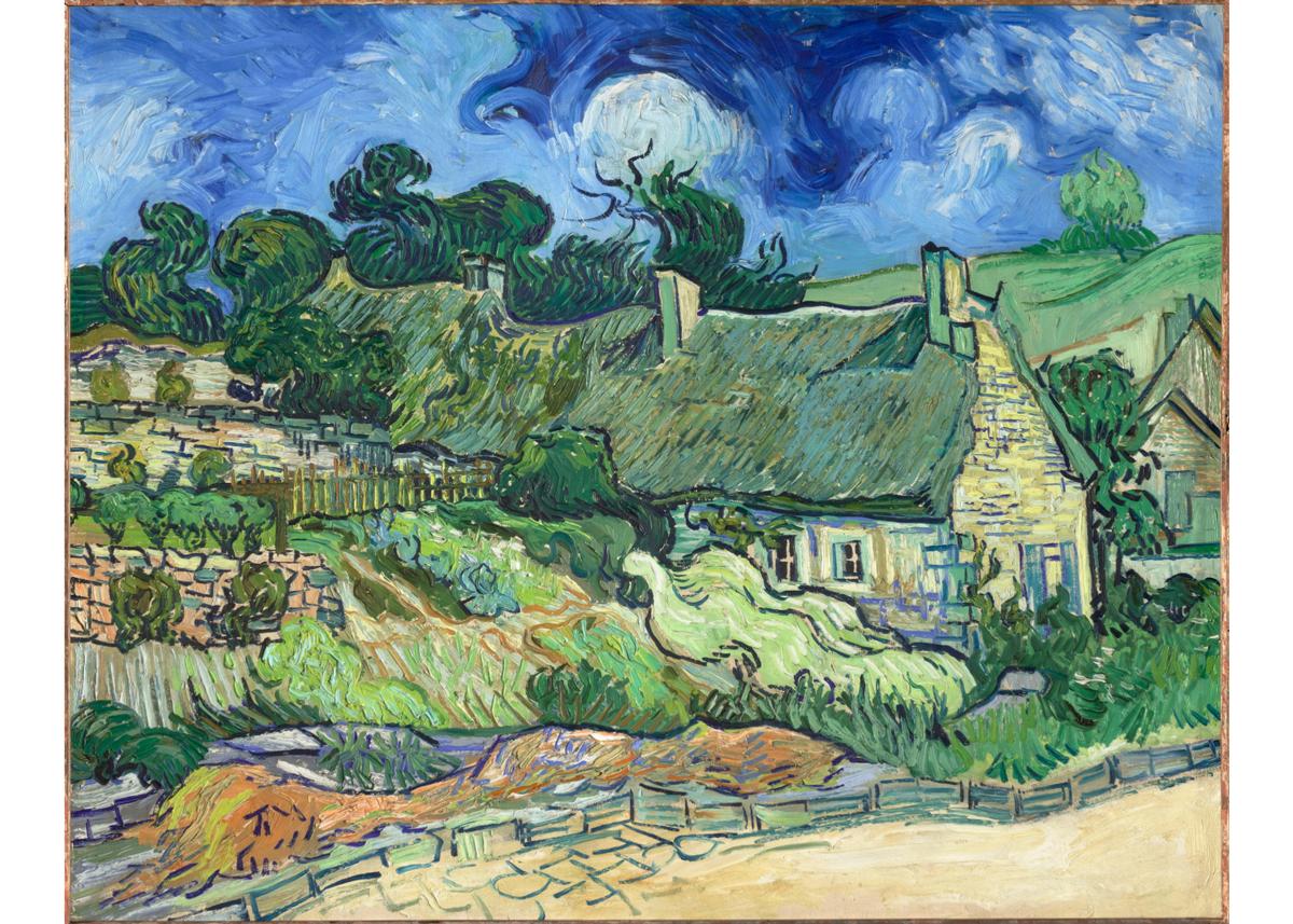 A painting showing a country house with fields, with the trees and skies swirling.