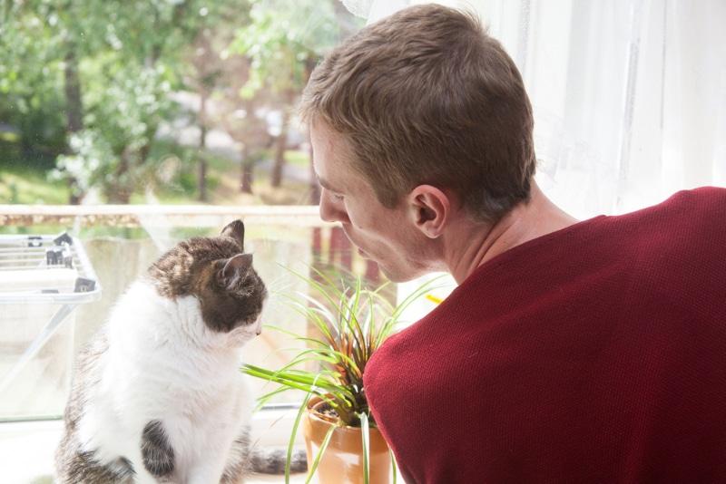 hombre hablando con su gato