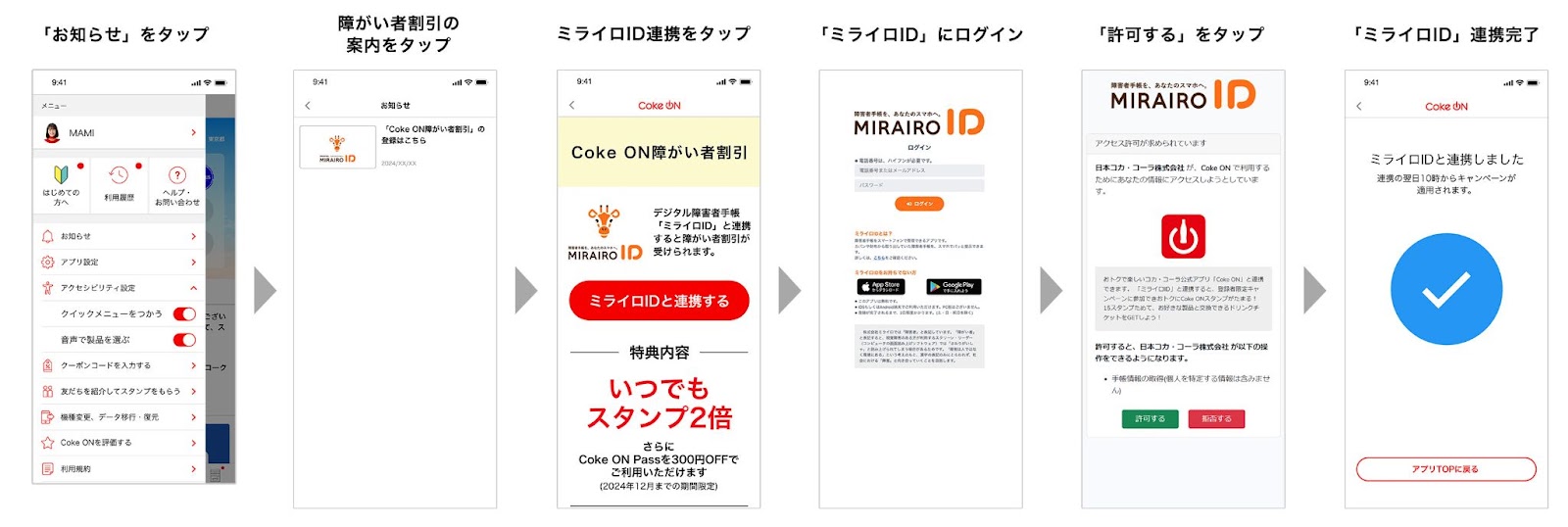 お知らせをタップ→障害者割引の案内をタップ→ミライロID連携をタップ→ミライロIDにログイン→許可するをタップ→ミライロID連携完了