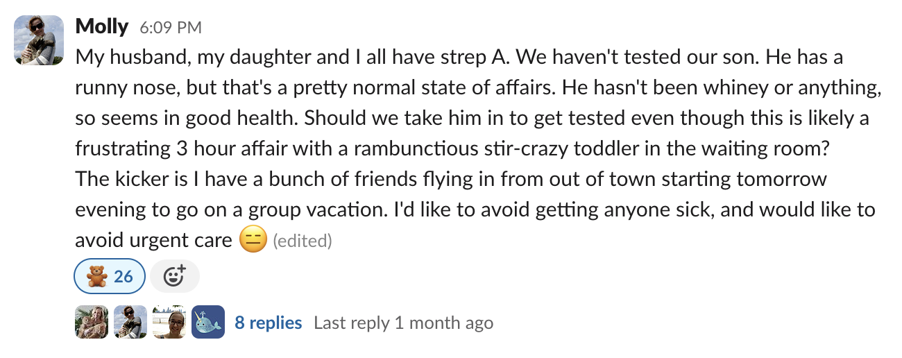 My colleague Molly asking about strep A on slack, during a round of infections