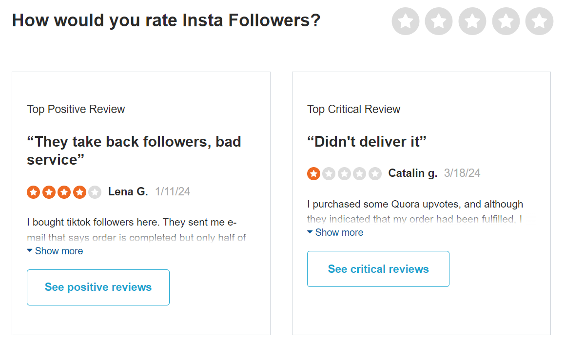 A review comparison showing a top positive and a top critical review for a TikTok followers service.