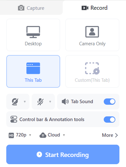 Awesome Screenshot extension panel where you choose what to record, if you need sound and annotation tools, etc.