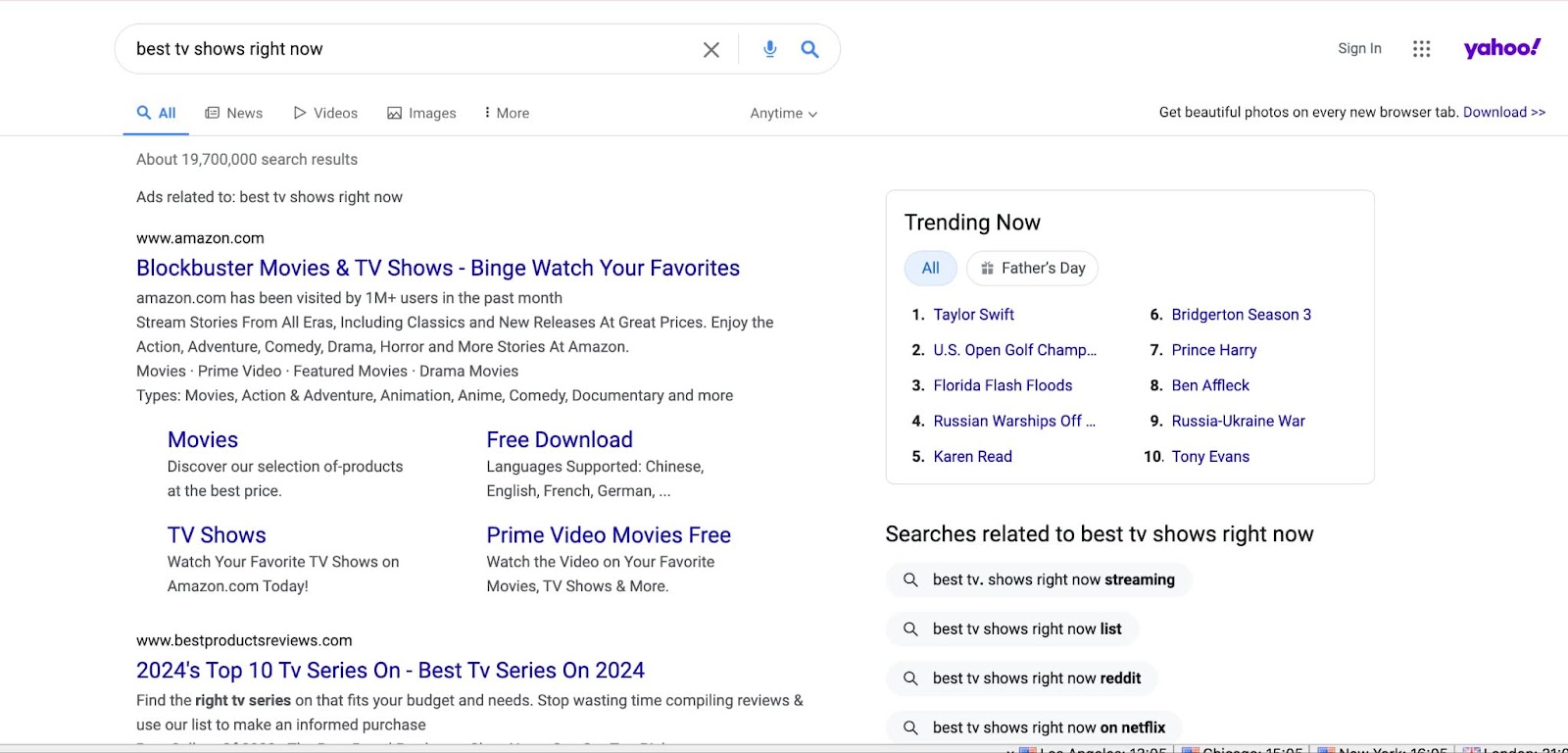 Yahoo! search results page for “best TV shows right now.”