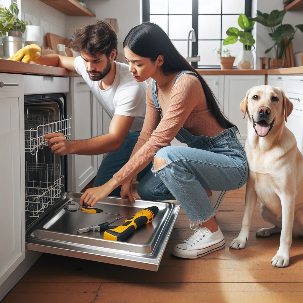 This image shows the men and women Repairing the Dishwasher with a dog near them,
Dishwasher Repair Strategies 