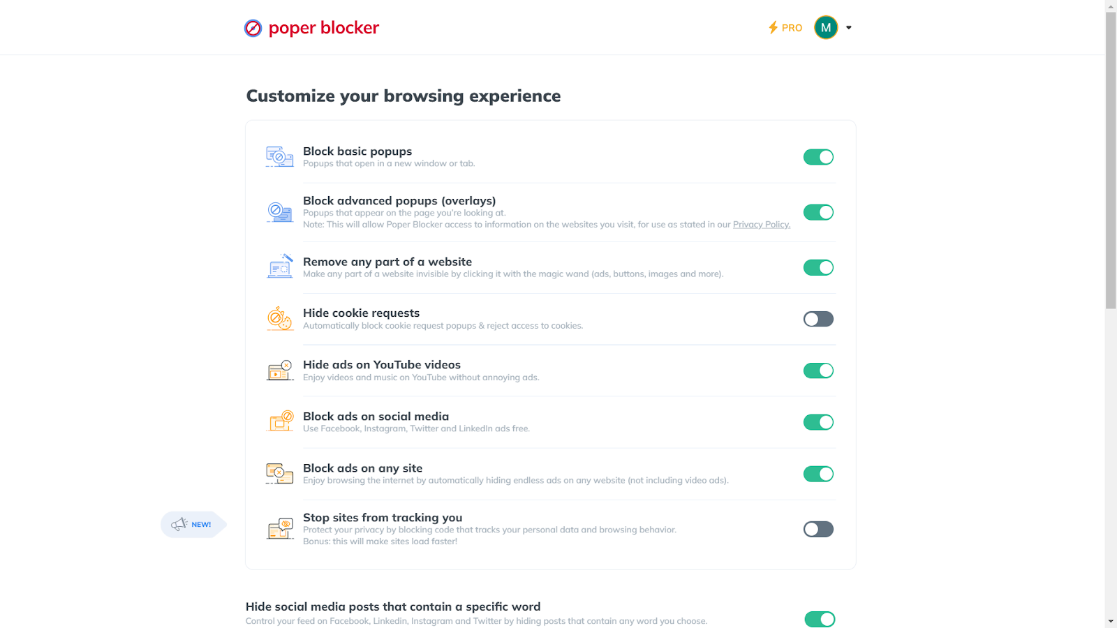 Poper blocker extension settings