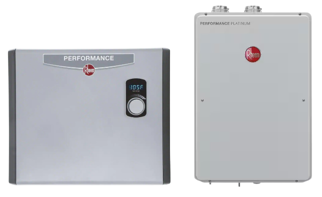 The image shows an electric tankless water heater from Rheem on the left and a Rheem tankless water heater on the right. 
