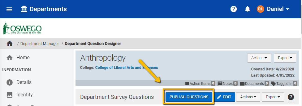 Publish questions option is highlighted to remind users to publish their changes.