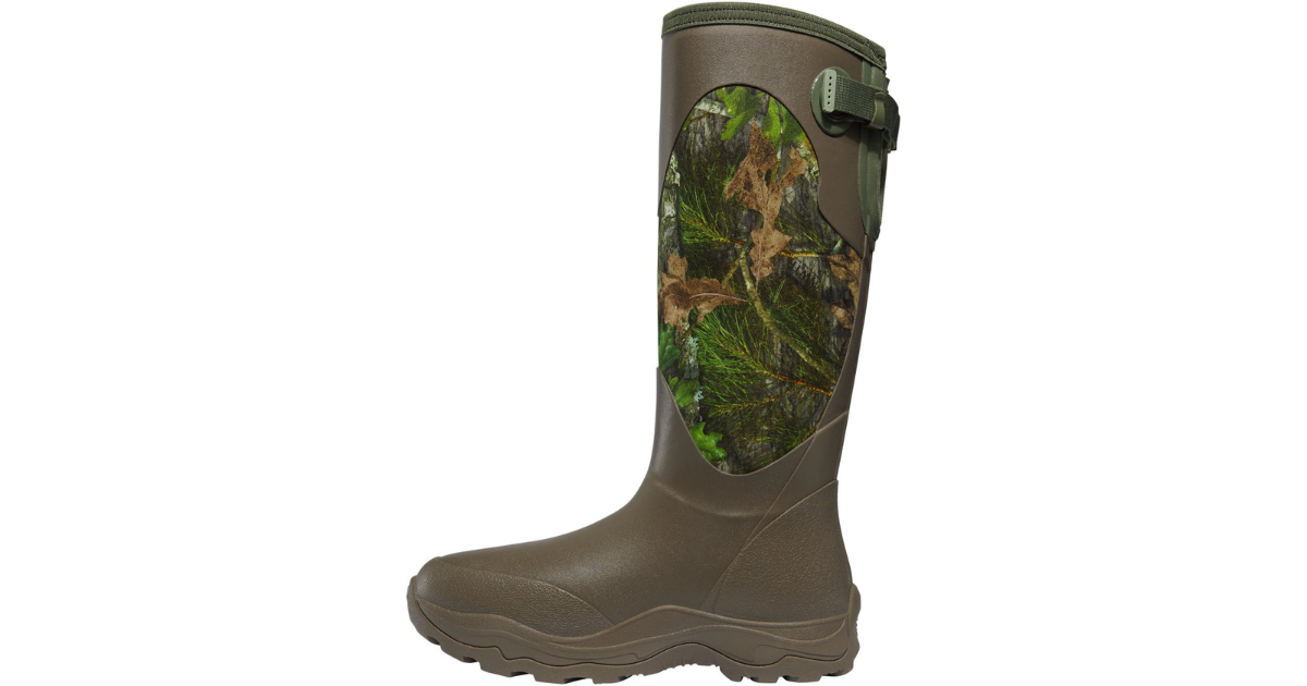 Product photo of the LaCrosse Women’s Alpha Agility Snake Boot, camo print on calf and brown rubber on foot and ankle.