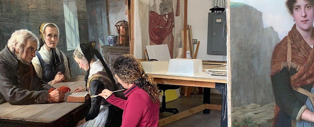 Conservator Virginia Panizzon sitting at an easel doing in-painting on a large history painting