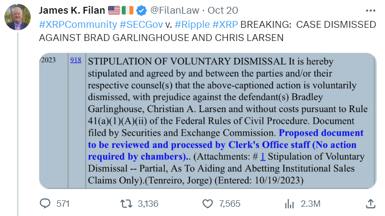 Tweet from Defense Attorney, James Filan, breaking the news of the SEC’s voluntary dismissal