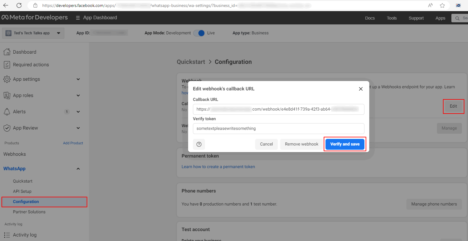 Navigating a webhook configuration panel