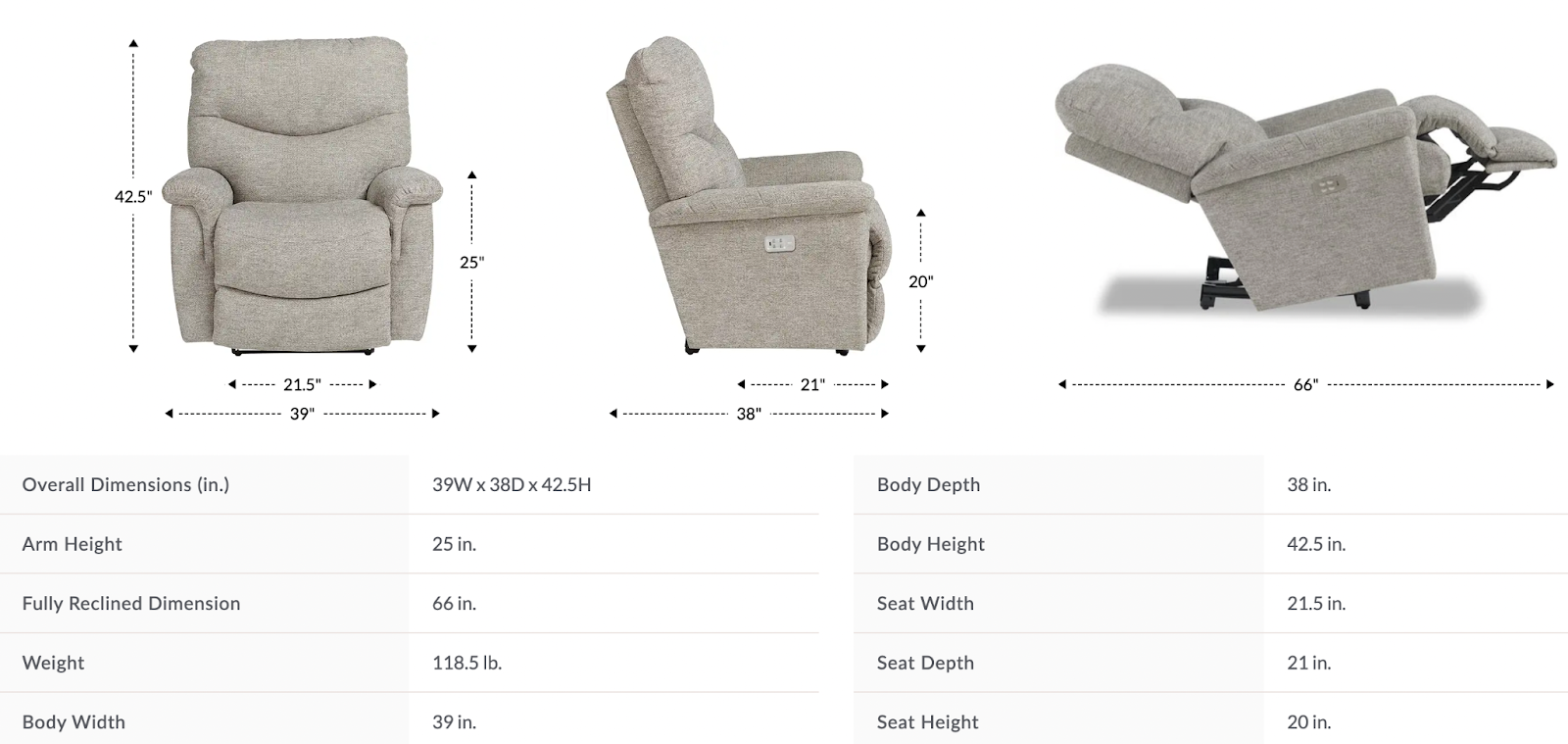 james power wall recliner w/ headrest and lumbar dimensions