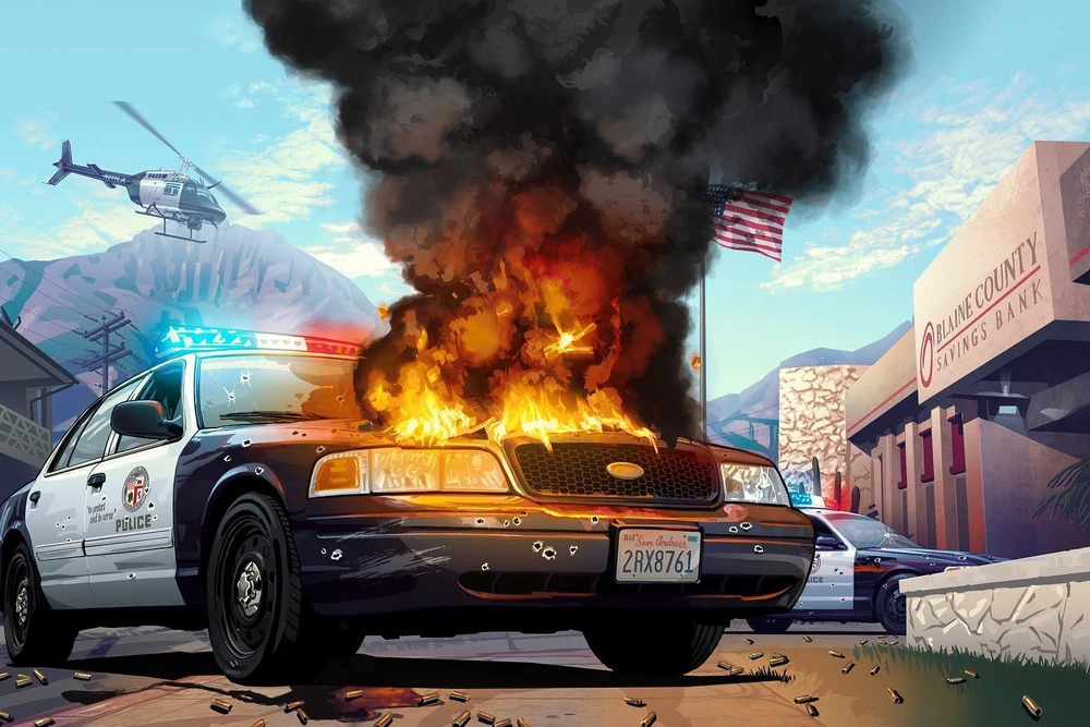 A piece of marketing art work illustrating a police vehicle on fire from Grand Theft Auto V. 