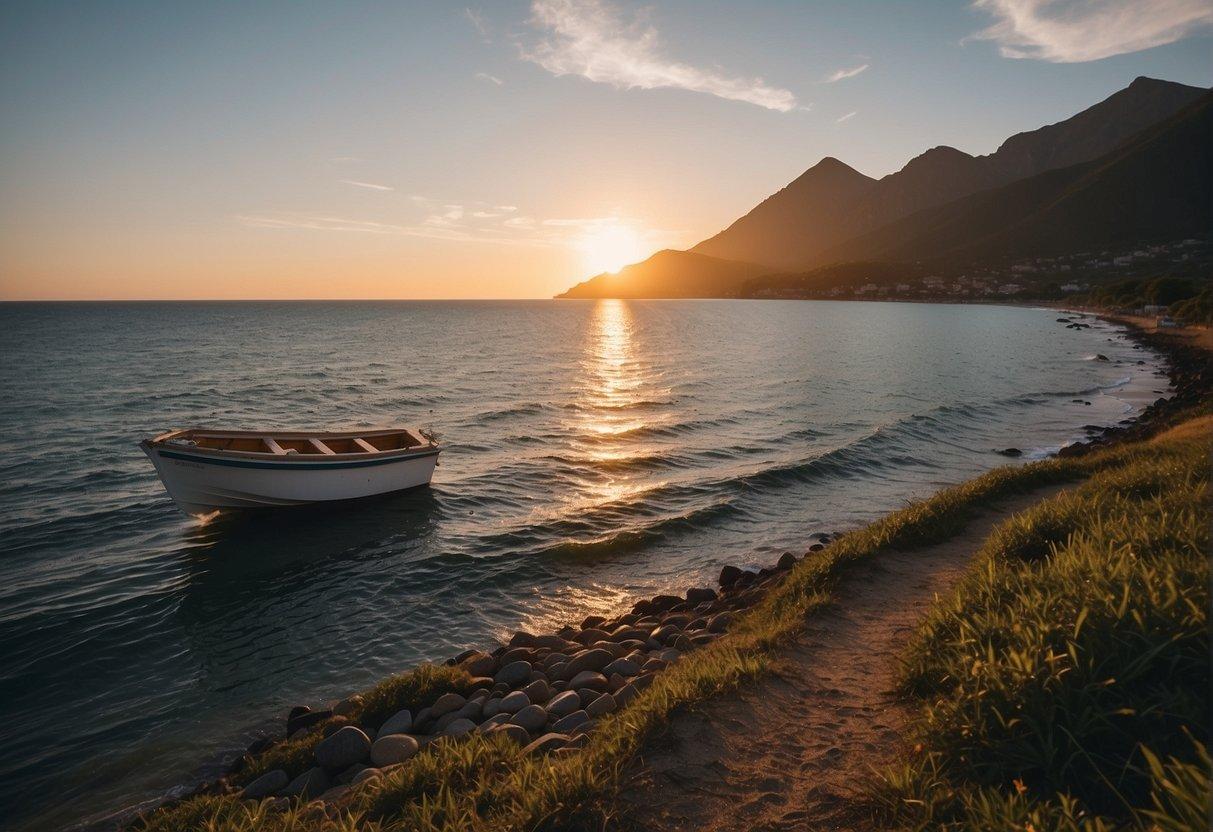 A bright sunrise over a calm ocean, with a winding path leading towards a distant mountain peak. A small boat sits at the shore, ready for a new adventure
