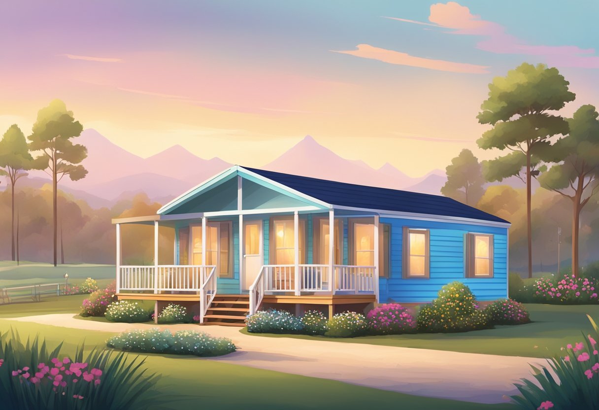 Mobile homes with colorful porches, adorned with potted plants and cozy furniture, nestled in a serene countryside setting