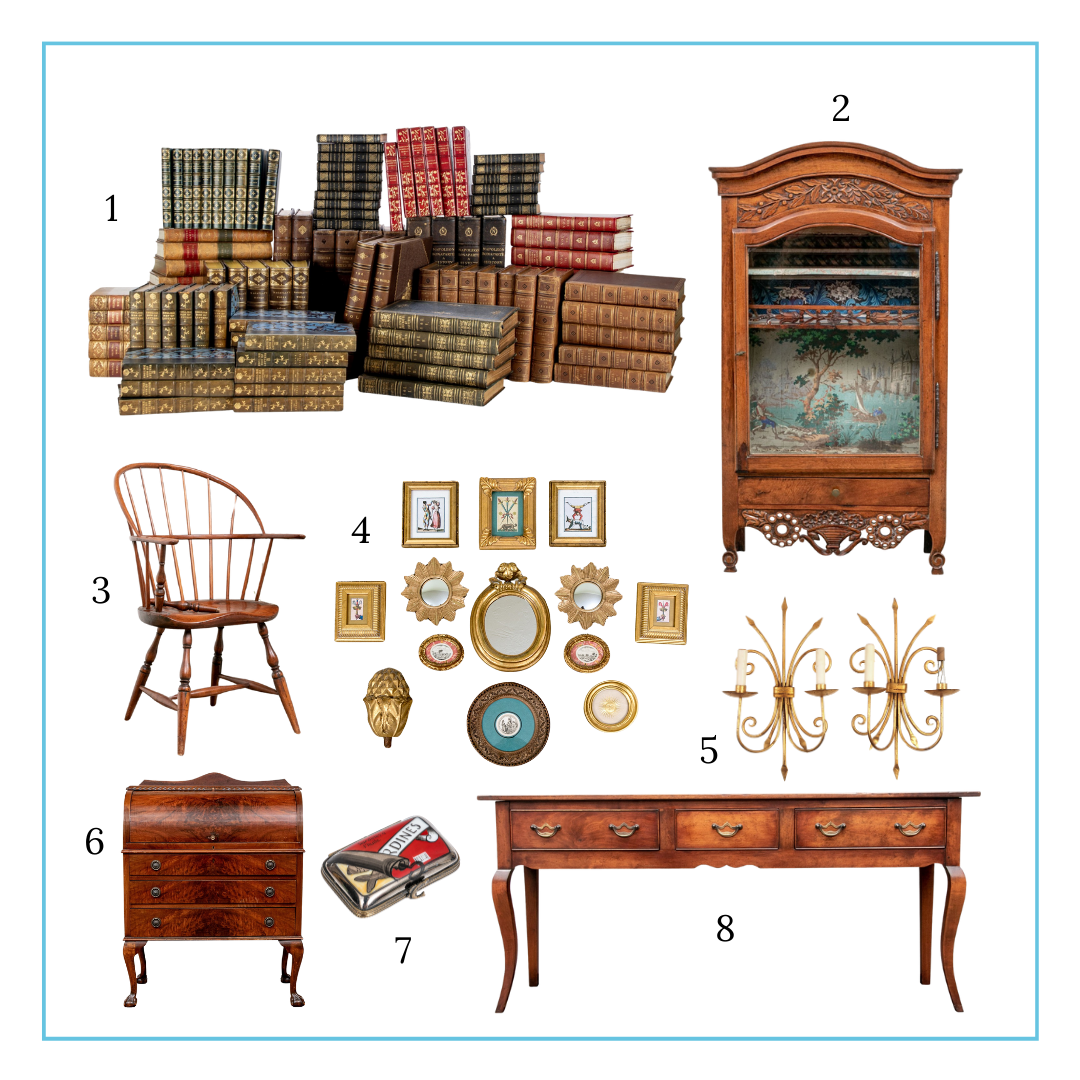 Kim's curation includes antique leather bound books, antique French display cabinet, 18th century American Windsor chair, a collection of gilt framed pictures and mirrors, a pair of gilt wrought iron sconces, a mahogany roll top desk, a handpainted sardine can motif limoge box, and a vintage console table