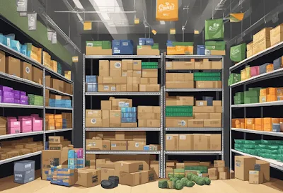 Various products scattered around a warehouse, labeled with "drop ship" tags. Boxes of ammo, kiwi fruit, and sex toys are stacked on shelves