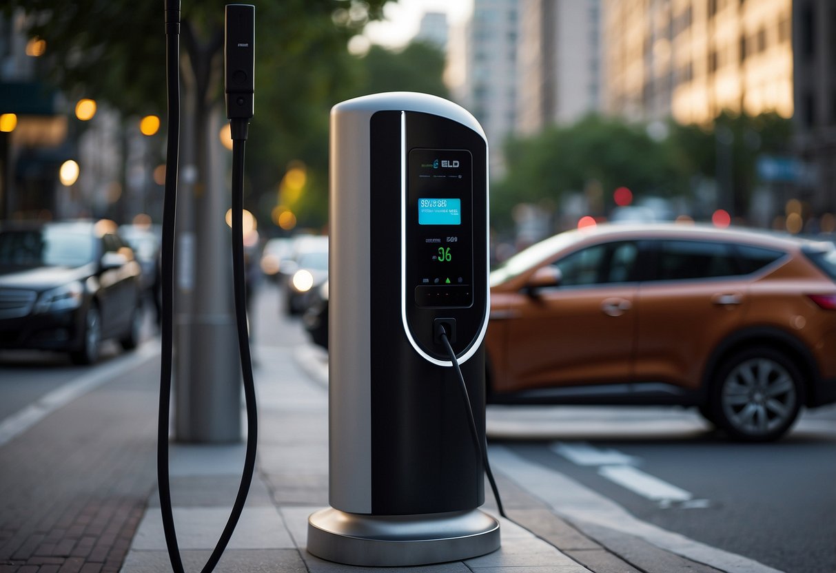 A sleek, modern EV charger stands against a backdrop of a bustling city street, surrounded by bustling activity and urban energy