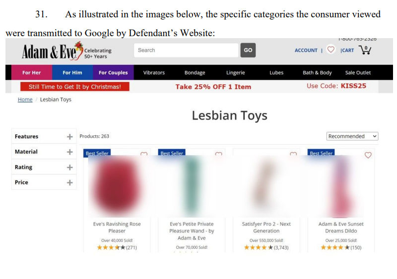 A screenshot showing blurred sex toys on the Adam and Eve site under the category "lesbian toys"